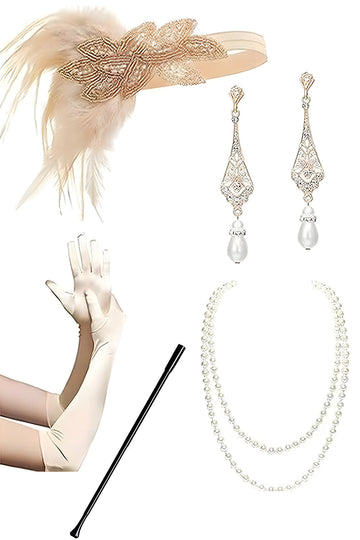 Robe à paillettes à franges champagne des années 1920 avec ensemble d’accessoires 5 pièces